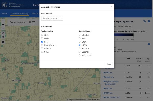 FCC broadband map showing fiber coverage by census block